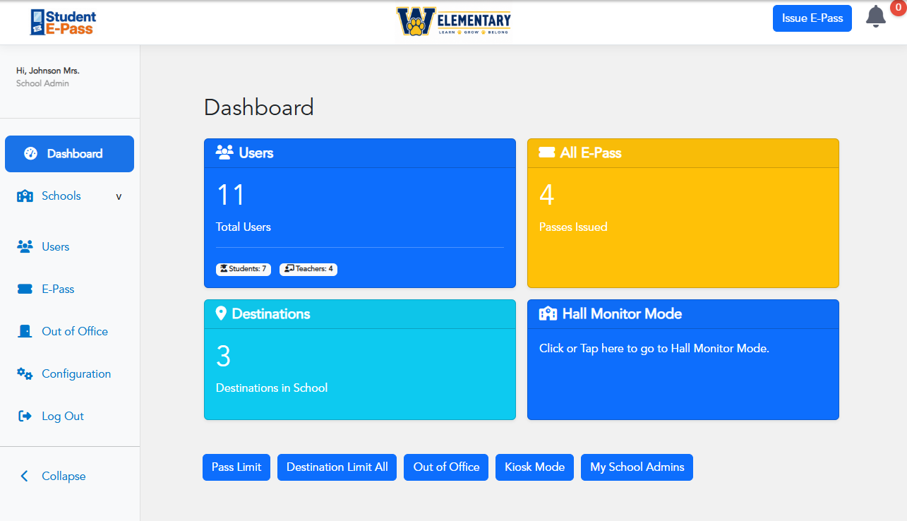 Student E-Pass school administrator dashboard showing users, passes, destinations, Hall Monitor Mode, and administrative controls